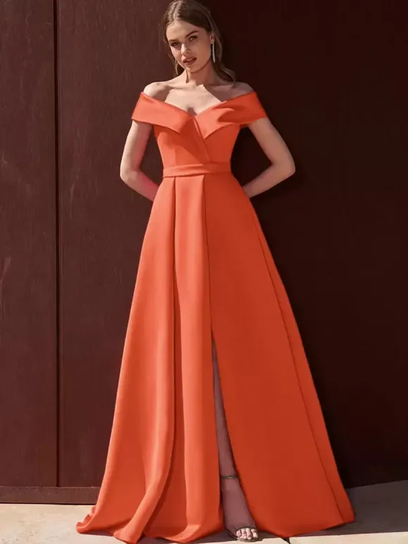 Evening Dress A-Line Off-The-Shoulder With Train Sleeveless Zipper Pleated Satin Fabric Formal Party Dresses