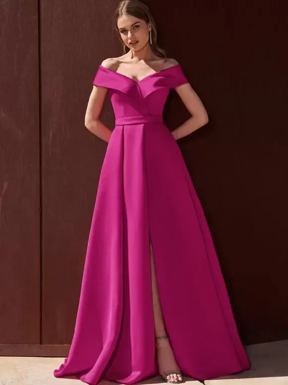 Evening Dress A-Line Off-The-Shoulder With Train Sleeveless Zipper Pleated Satin Fabric Formal Party Dresses