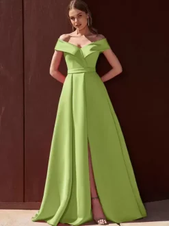Evening Dress A-Line Off-The-Shoulder With Train Sleeveless Zipper Pleated Satin Fabric Formal Party Dresses