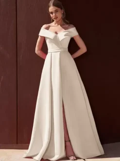 Evening Dress A-Line Off-The-Shoulder With Train Sleeveless Zipper Pleated Satin Fabric Formal Party Dresses
