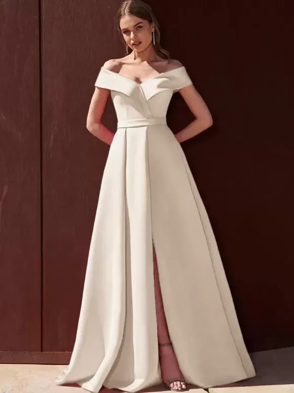 Evening Dress A-Line Off-The-Shoulder With Train Sleeveless Zipper Pleated Satin Fabric Formal Party Dresses