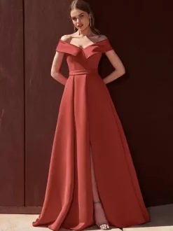 Evening Dress A-Line Off-The-Shoulder With Train Sleeveless Zipper Pleated Satin Fabric Formal Party Dresses