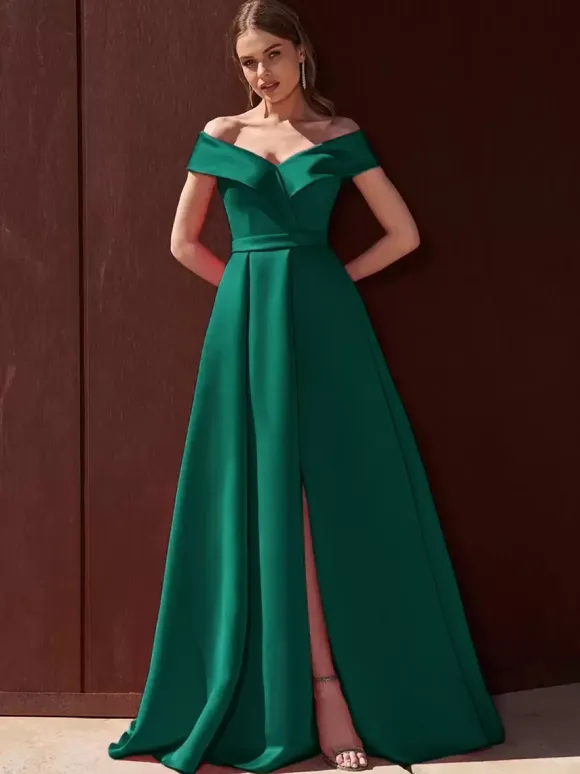 Evening Dress A-Line Off-The-Shoulder With Train Sleeveless Zipper Pleated Satin Fabric Formal Party Dresses