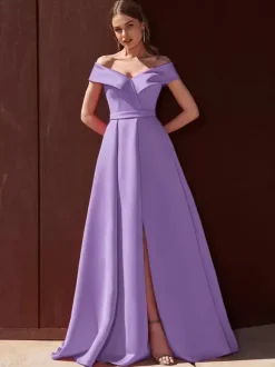 Evening Dress A-Line Off-The-Shoulder With Train Sleeveless Zipper Pleated Satin Fabric Formal Party Dresses