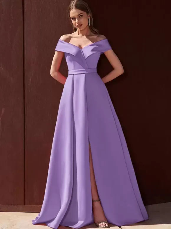 Evening Dress A-Line Off-The-Shoulder With Train Sleeveless Zipper Pleated Satin Fabric Formal Party Dresses