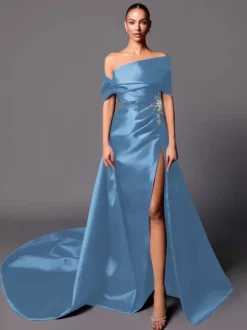 Evening Dress A-Line Off-The-Shoulder With Train Sleeveless Lace-up Pleated Satin Fabric Social Pageant Dresses