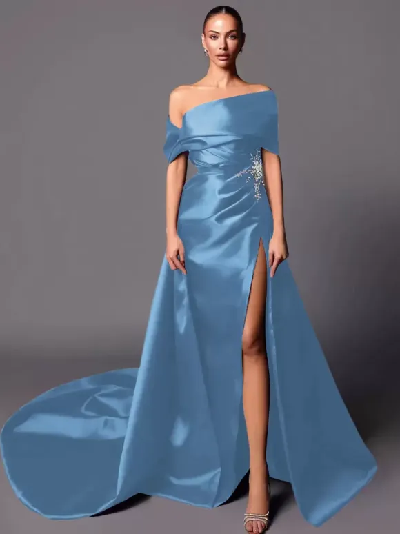 Evening Dress A-Line Off-The-Shoulder With Train Sleeveless Lace-up Pleated Satin Fabric Social Pageant Dresses