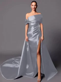 Evening Dress A-Line Off-The-Shoulder With Train Sleeveless Lace-up Pleated Satin Fabric Social Pageant Dresses