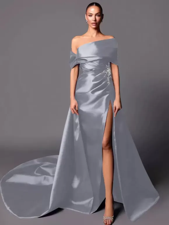 Evening Dress A-Line Off-The-Shoulder With Train Sleeveless Lace-up Pleated Satin Fabric Social Pageant Dresses