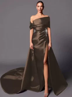 Evening Dress A-Line Off-The-Shoulder With Train Sleeveless Lace-up Pleated Satin Fabric Social Pageant Dresses