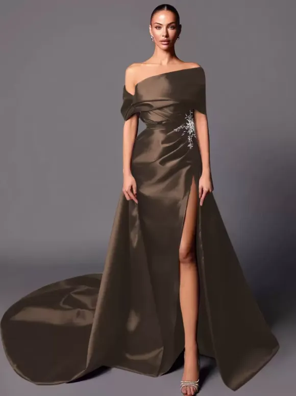 Evening Dress A-Line Off-The-Shoulder With Train Sleeveless Lace-up Pleated Satin Fabric Social Pageant Dresses