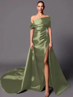 Evening Dress A-Line Off-The-Shoulder With Train Sleeveless Lace-up Pleated Satin Fabric Social Pageant Dresses