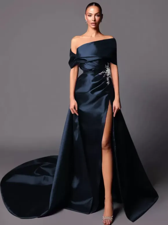 Evening Dress A-Line Off-The-Shoulder With Train Sleeveless Lace-up Pleated Satin Fabric Social Pageant Dresses