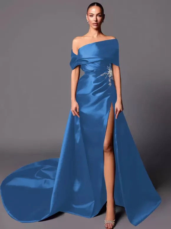 Evening Dress A-Line Off-The-Shoulder With Train Sleeveless Lace-up Pleated Satin Fabric Social Pageant Dresses