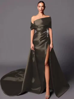 Evening Dress A-Line Off-The-Shoulder With Train Sleeveless Lace-up Pleated Satin Fabric Social Pageant Dresses