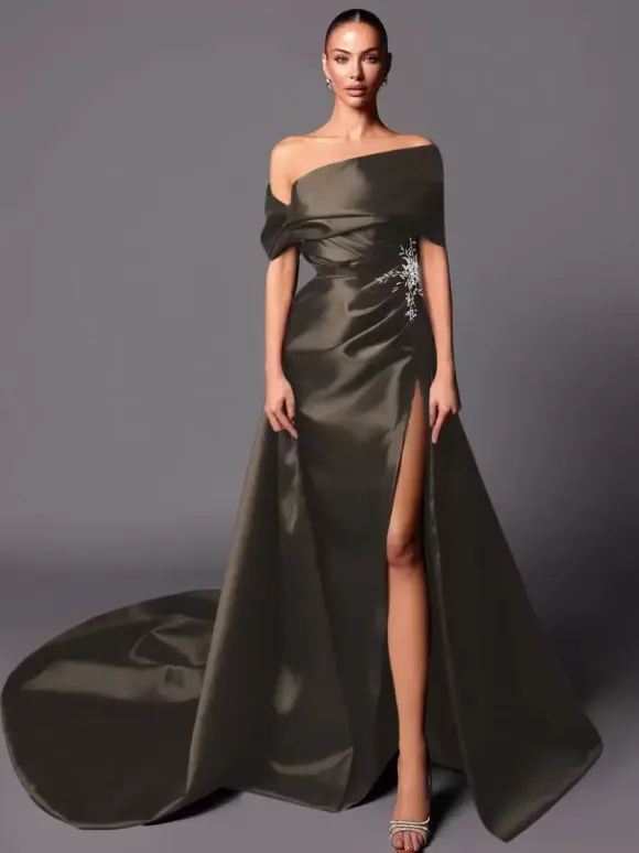 Evening Dress A-Line Off-The-Shoulder With Train Sleeveless Lace-up Pleated Satin Fabric Social Pageant Dresses