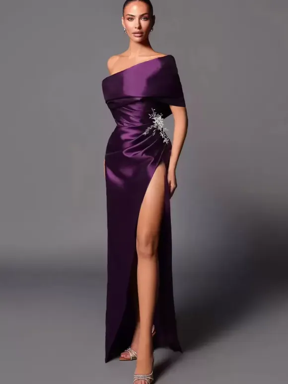 Evening Dress A-Line Off-The-Shoulder With Train Sleeveless Lace-up Pleated Satin Fabric Social Pageant Dresses
