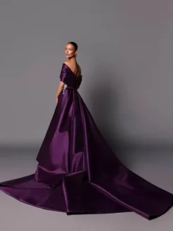 Evening Dress A-Line Off-The-Shoulder With Train Sleeveless Lace-up Pleated Satin Fabric Social Pageant Dresses