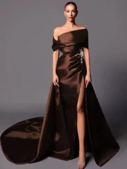 Evening Dress A-Line Off-The-Shoulder With Train Sleeveless Lace-up Pleated Satin Fabric Social Pageant Dresses