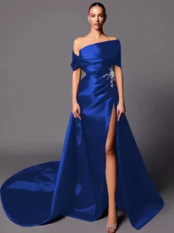 Evening Dress A-Line Off-The-Shoulder With Train Sleeveless Lace-up Pleated Satin Fabric Social Pageant Dresses