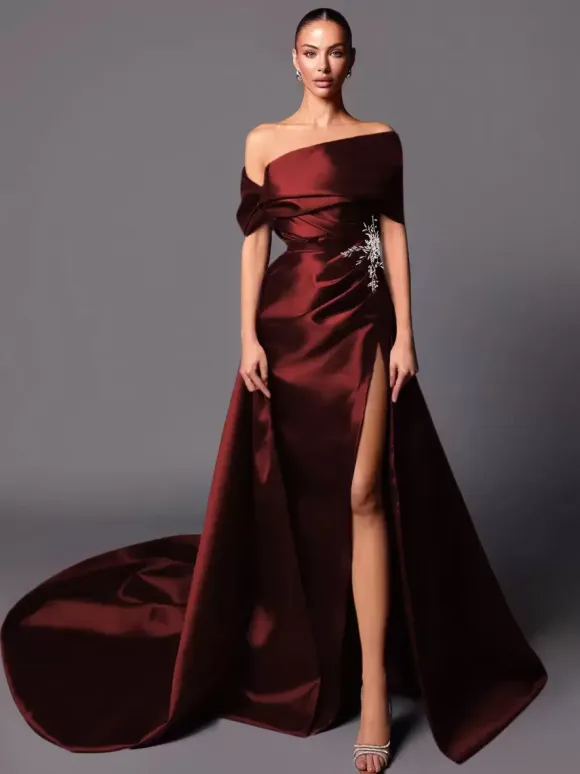 Evening Dress A-Line Off-The-Shoulder With Train Sleeveless Lace-up Pleated Satin Fabric Social Pageant Dresses