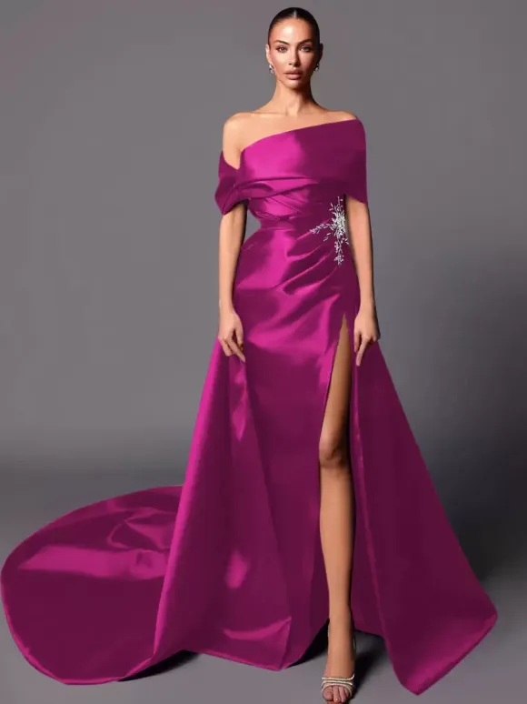 Evening Dress A-Line Off-The-Shoulder With Train Sleeveless Lace-up Pleated Satin Fabric Social Pageant Dresses