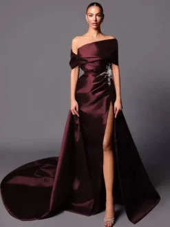 Evening Dress A-Line Off-The-Shoulder With Train Sleeveless Lace-up Pleated Satin Fabric Social Pageant Dresses