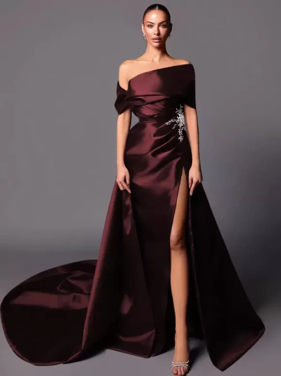 Evening Dress A-Line Off-The-Shoulder With Train Sleeveless Lace-up Pleated Satin Fabric Social Pageant Dresses