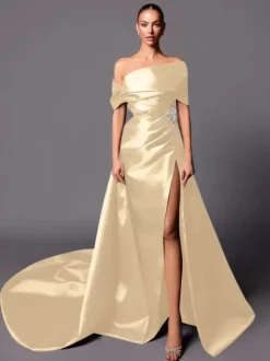 Evening Dress A-Line Off-The-Shoulder With Train Sleeveless Lace-up Pleated Satin Fabric Social Pageant Dresses