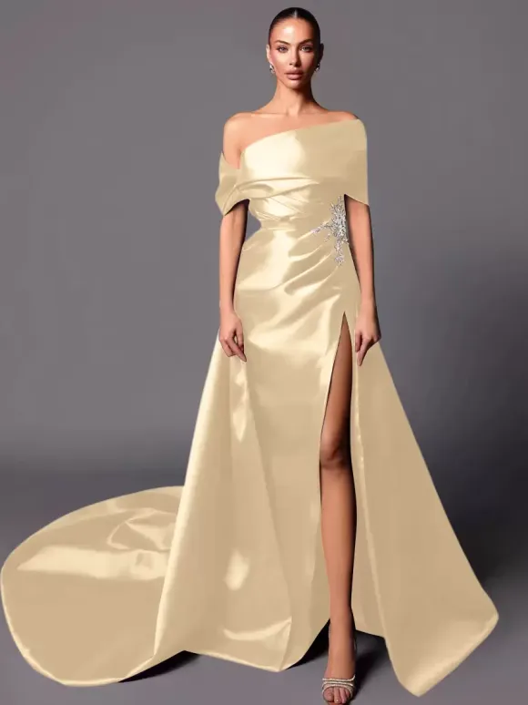 Evening Dress A-Line Off-The-Shoulder With Train Sleeveless Lace-up Pleated Satin Fabric Social Pageant Dresses