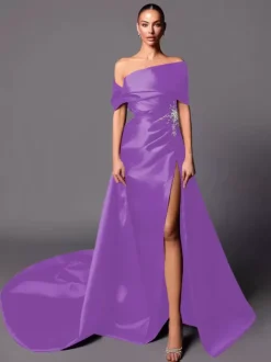 Evening Dress A-Line Off-The-Shoulder With Train Sleeveless Lace-up Pleated Satin Fabric Social Pageant Dresses