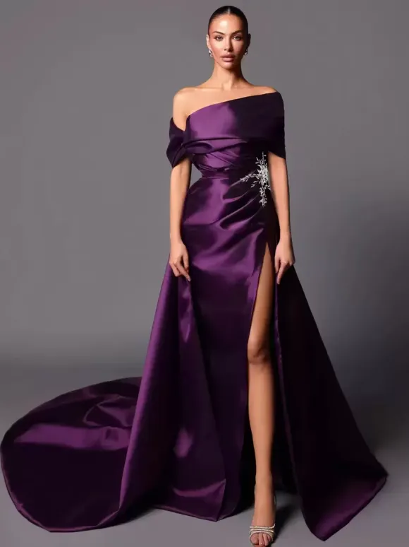 Evening Dress A-Line Off-The-Shoulder With Train Sleeveless Lace-up Pleated Satin Fabric Social Pageant Dresses