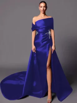 Evening Dress A-Line Off-The-Shoulder With Train Sleeveless Lace-up Pleated Satin Fabric Social Pageant Dresses