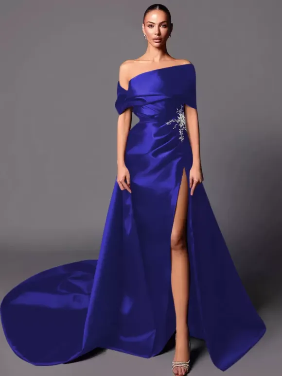 Evening Dress A-Line Off-The-Shoulder With Train Sleeveless Lace-up Pleated Satin Fabric Social Pageant Dresses