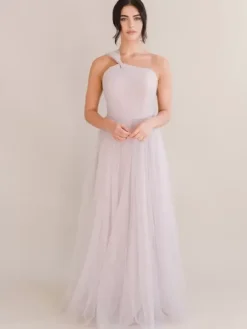 Evening Dress A-Line One-Shoulder With Train Sleeveless Backless Pleated Tulle Social Party Dresses