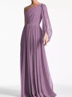 Evening Dress A-Line One-Shoulder Floor-Length Long Sleeves Backless Pleated Chiffon Formal Party Dresses