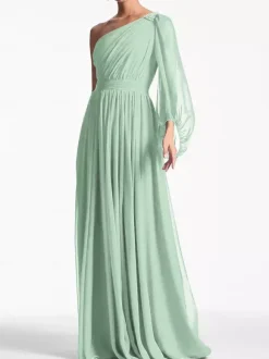 Evening Dress A-Line One-Shoulder Floor-Length Long Sleeves Backless Pleated Chiffon Formal Party Dresses