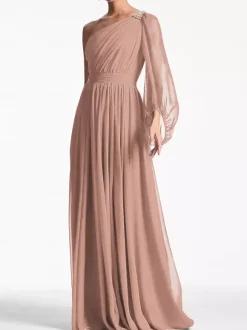 Evening Dress A-Line One-Shoulder Floor-Length Long Sleeves Backless Pleated Chiffon Formal Party Dresses