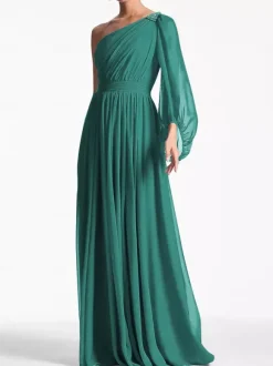 Evening Dress A-Line One-Shoulder Floor-Length Long Sleeves Backless Pleated Chiffon Formal Party Dresses