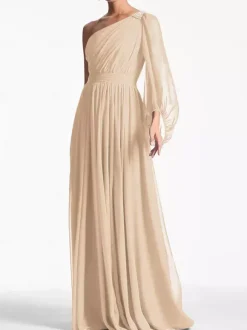 Evening Dress A-Line One-Shoulder Floor-Length Long Sleeves Backless Pleated Chiffon Formal Party Dresses