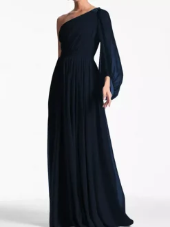 Evening Dress A-Line One-Shoulder Floor-Length Long Sleeves Backless Pleated Chiffon Formal Party Dresses