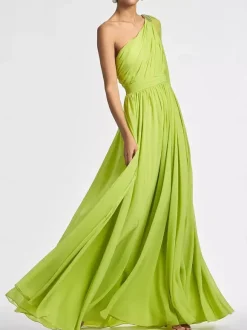 Evening Dress A-Line One-Shoulder Floor-Length Long Sleeves Backless Pleated Chiffon Formal Party Dresses