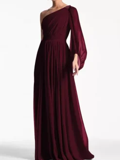 Evening Dress A-Line One-Shoulder Floor-Length Long Sleeves Backless Pleated Chiffon Formal Party Dresses