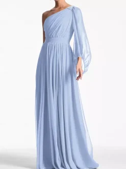 Evening Dress A-Line One-Shoulder Floor-Length Long Sleeves Backless Pleated Chiffon Formal Party Dresses