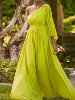 Evening Dress A-Line One-Shoulder Floor-Length Long Sleeves Backless Pleated Chiffon Formal Party Dresses