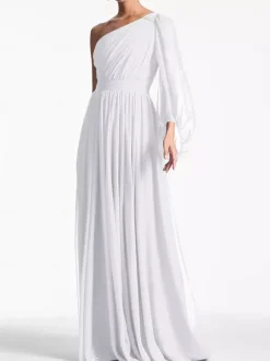 Evening Dress A-Line One-Shoulder Floor-Length Long Sleeves Backless Pleated Chiffon Formal Party Dresses