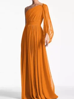 Evening Dress A-Line One-Shoulder Floor-Length Long Sleeves Backless Pleated Chiffon Formal Party Dresses