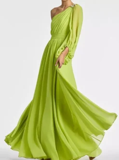 Evening Dress A-Line One-Shoulder Floor-Length Long Sleeves Backless Pleated Chiffon Formal Party Dresses