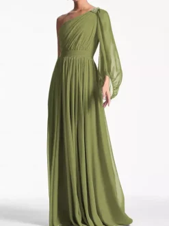 Evening Dress A-Line One-Shoulder Floor-Length Long Sleeves Backless Pleated Chiffon Formal Party Dresses