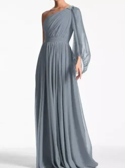 Evening Dress A-Line One-Shoulder Floor-Length Long Sleeves Backless Pleated Chiffon Formal Party Dresses